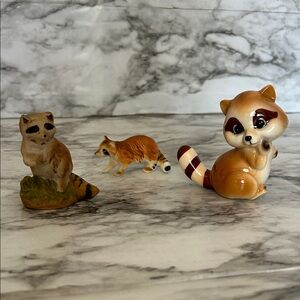 Vintage Raccoon figurines marked bone china Japan, Taiwan, treasure master Korea